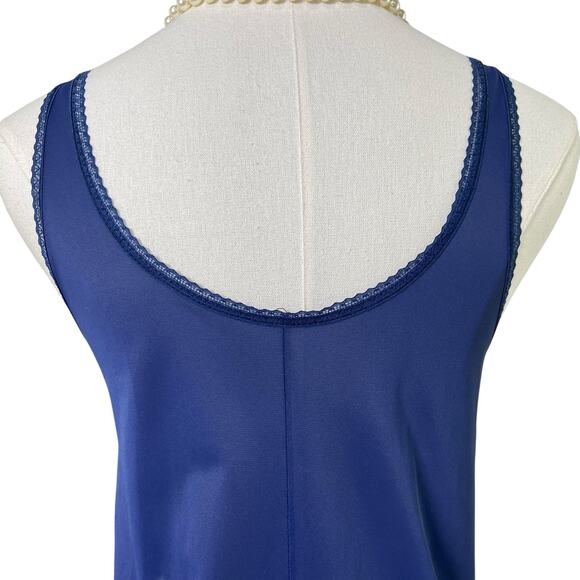 Vintage 1973 Navy Blue Nylon Purple Lace Trim Full Slip Dress Women's Size M - Picture 8 of 10